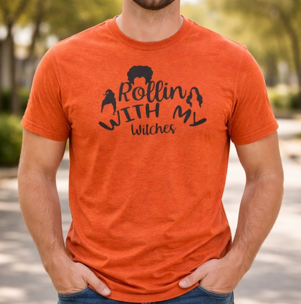 Gildan Orange Rollin With My Witches Graphic Tee Shirt M Halloween Witchcore Whi